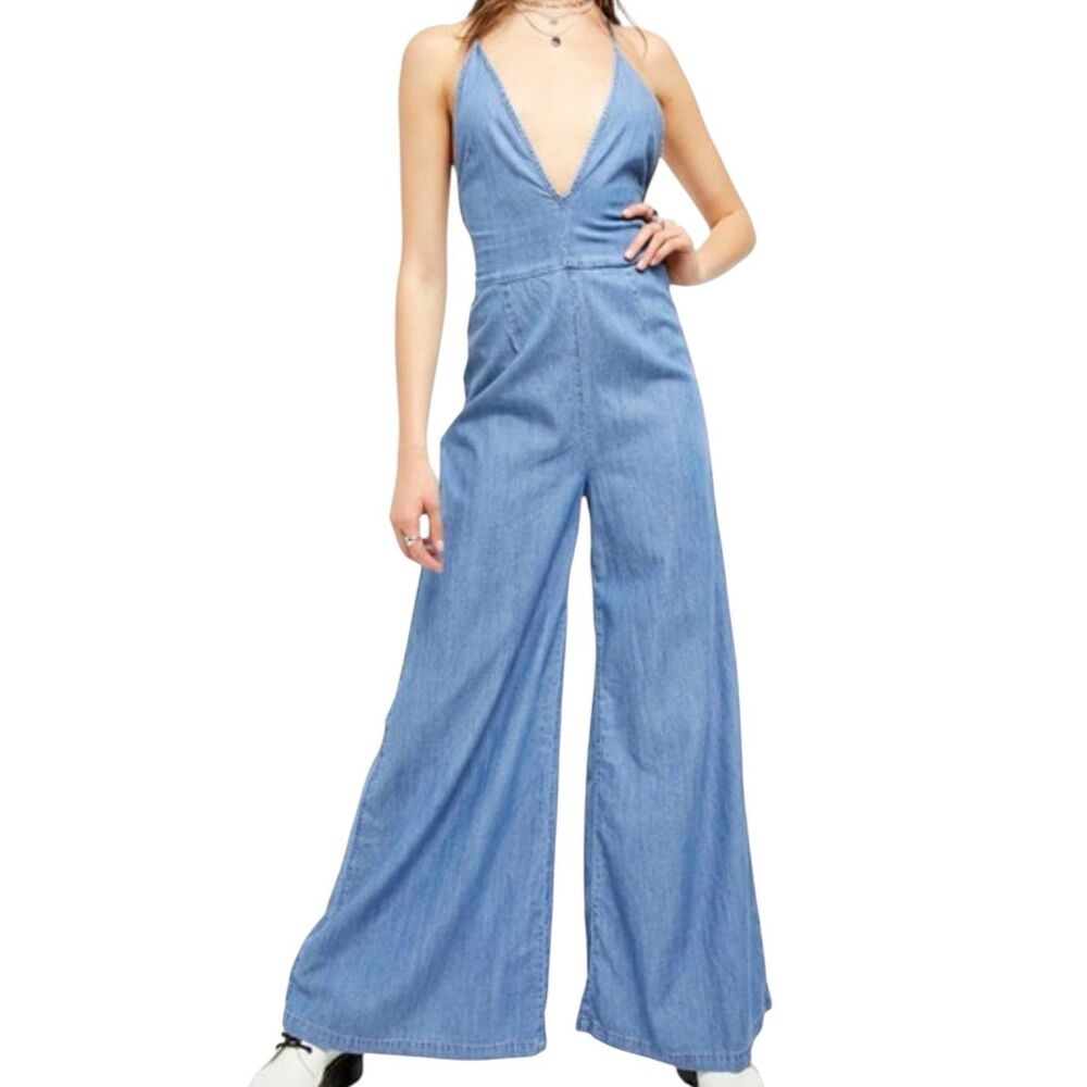 Free People Josie Jumpsuit Sz M Blue Chambray Wide Leg Halter Sleeveless Boho